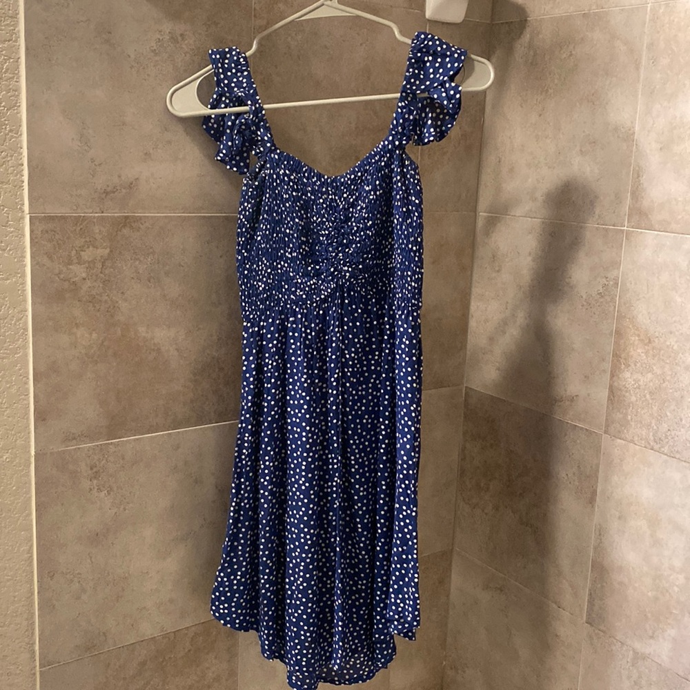 Blue sundress with white polka dots